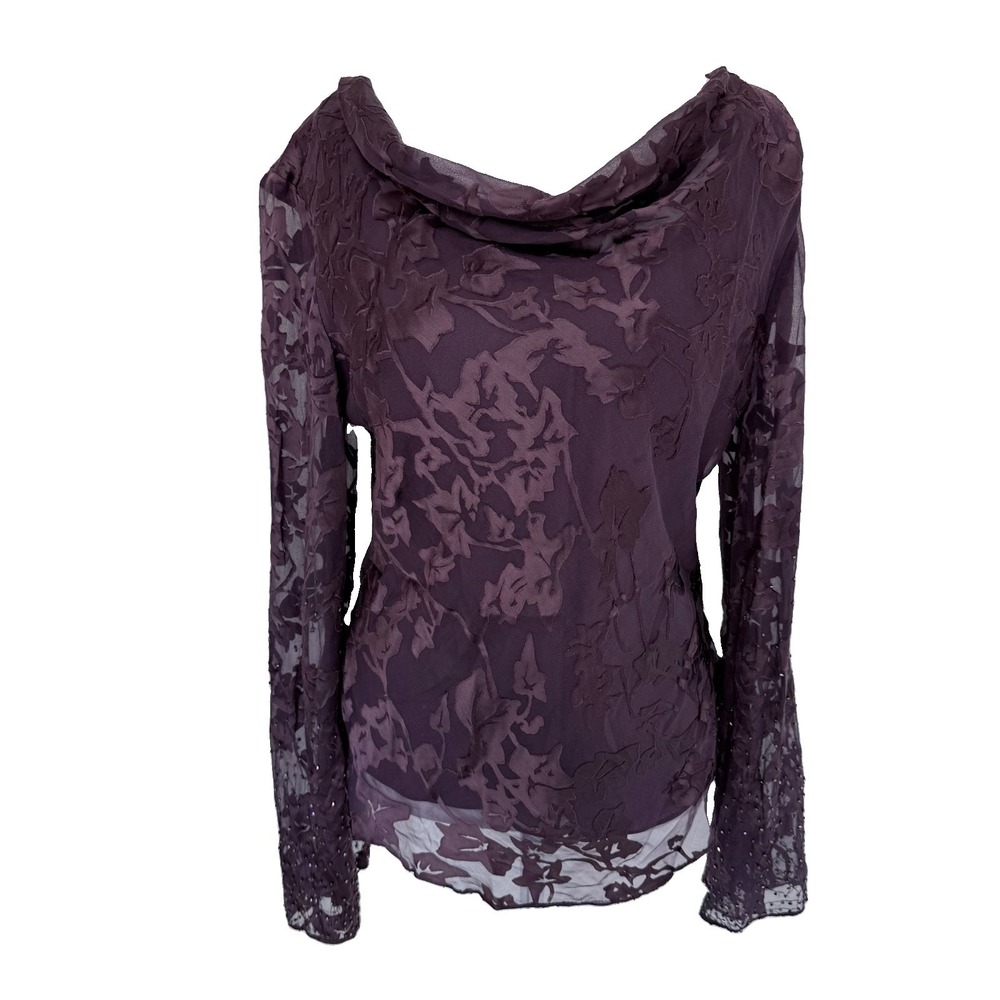 Vintage Y2K Silk Burnout Beaded Blouse L Whimsigoth Witchy Goth Purple Sheer